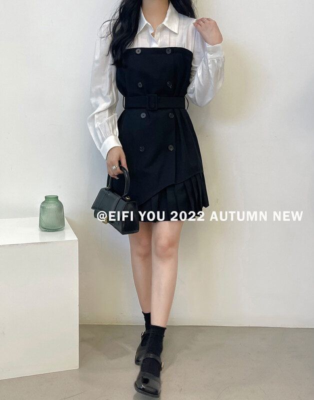 New in early autumn!【EI FI YOU】Contrast color stitching fake two-piece pleated dress (with belt) 5166# LSL