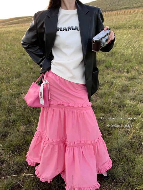 New in early autumn!【DT CLASSIC】Elegant solid color fungus edge loose cake skirt elastic waist skirt D5075-W1# JHY