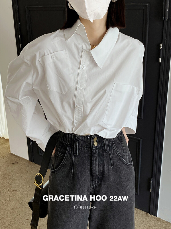 [GRACETINA HOO] Asymmetrical short shirt with small neckline (folds, elastic, waist and thin) CS6279# CQW