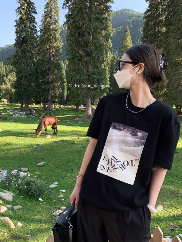 New in early autumn! [DT CLASSIC] round neck niche pattern loose short-sleeved T-shirt D4878-B3# JHY