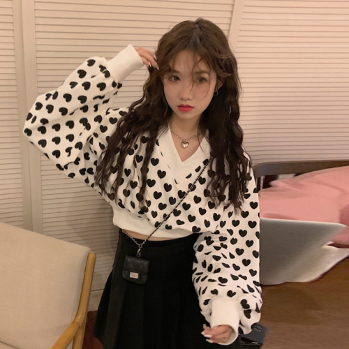 Short sweater women's spring Korean style new hot girl collar love print design long-sleeved top