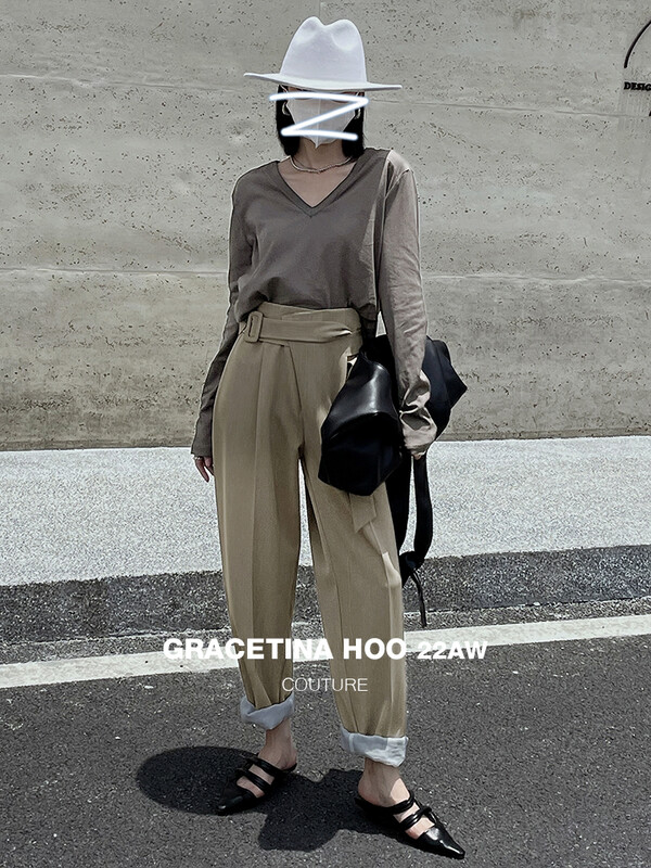 [GRACETINA HOO] Design sense waist buckle trouser legs rolled radish casual pants K9240