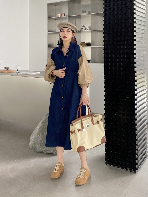 New in early autumn! [HYSO] stitching lantern sleeve denim shirt dress (with belt) 5205# XJ