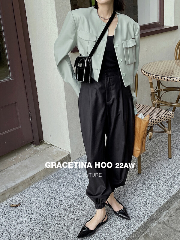 [GRACETINA HOO] Glossy high-waisted girdle all-match pleated suit casual pants K849-1