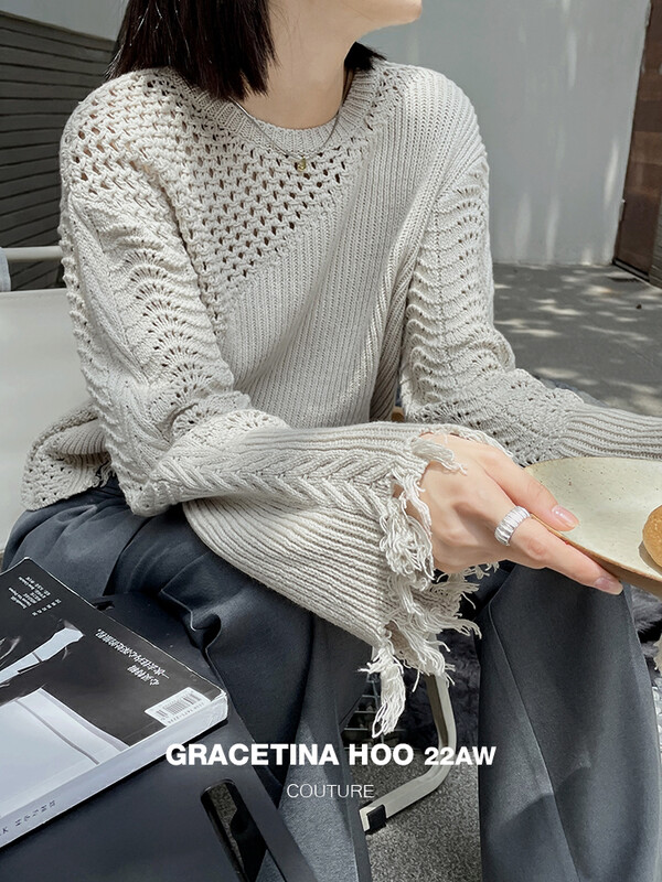 【GRACETINA HOO】Nice irregular hollow raw edge knitted sweater fashionable fringed hem Z918