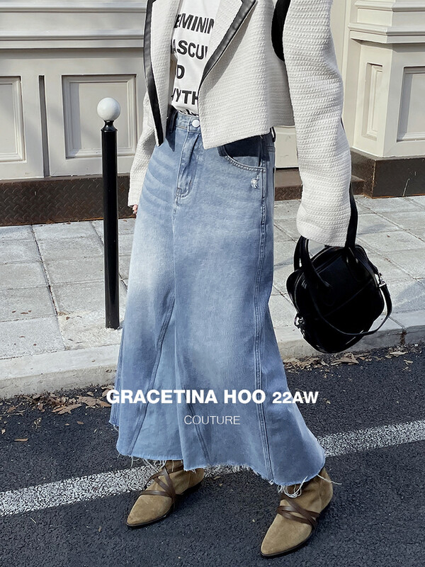 【GRACETINA HOO】High Waist Casual Gradient Denim Skirt N251# CQW