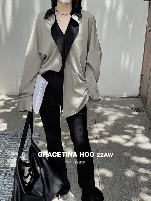 【GRACETINA HOO】Design Contrast Color Patchwork Lapel Shirt CS5235# CQW