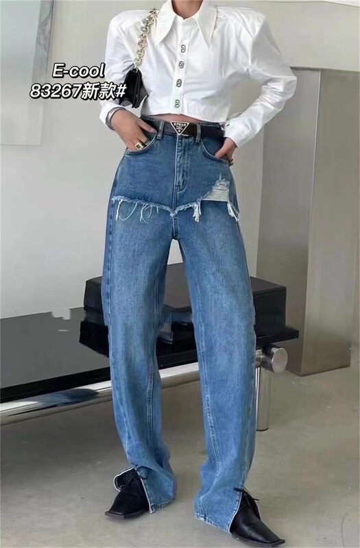 New in autumn! [Clothes and denim] Fashionable stitching straight jeans 83267# HJY