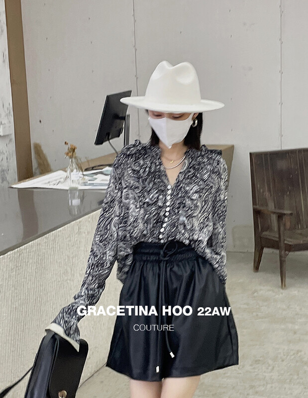 【GRACETINA HOO】Imported imitation lambskin design high waist casual wide leg casual shorts K9217# CQW