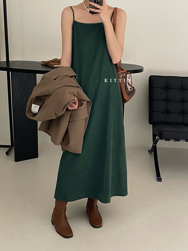【KITTIN】Korean simple copper ammonia fleece suspender dress 5131