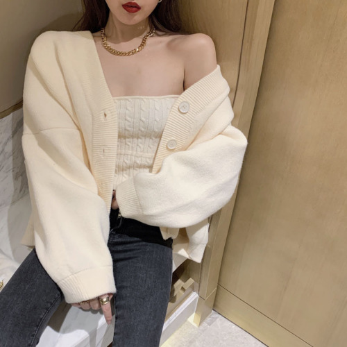 Korean early autumn style retro Japanese lazy style loose v-neck knitted cardigan sweater two-piece jacket feminine temperament