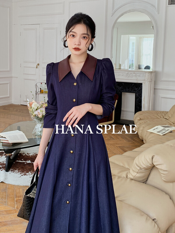 [HANNA Hanna] Korean style imitation Tencel denim dress with waist and swing (with belt) H3338
