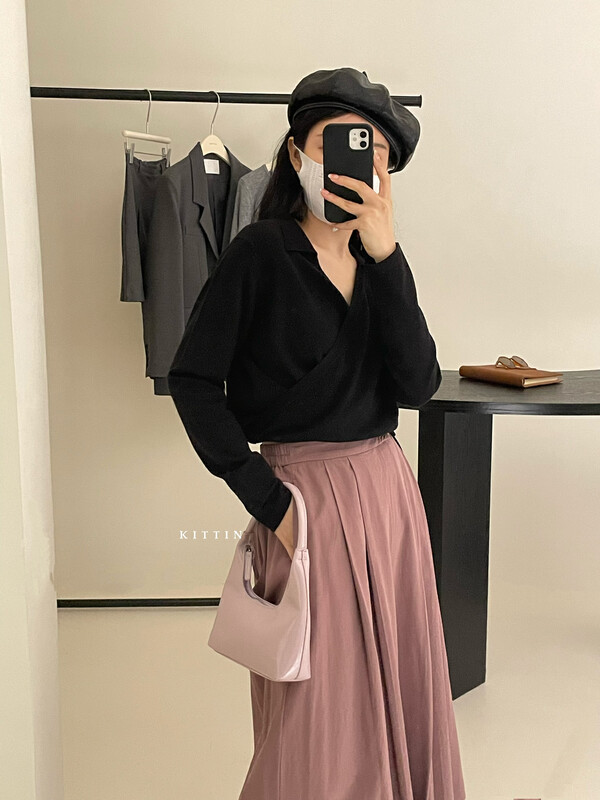 【KITTIN】Korean Lapel Tie Top Long Sleeve T-Shirt 1326# FHX