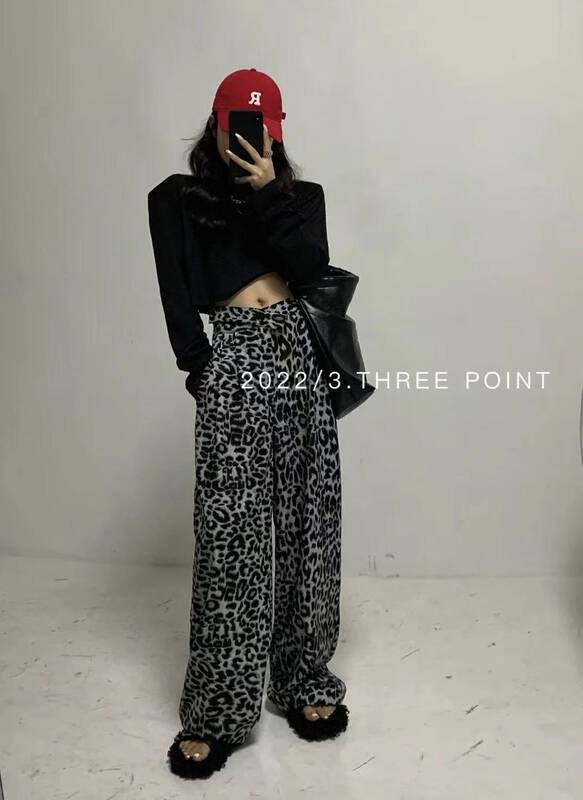 New in autumn! [3.THREE POINT] Leopard print personality wide-leg casual pants 6083# ZXL