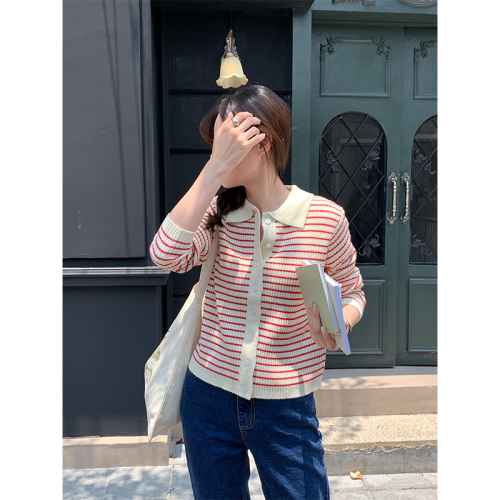 Real shot 2022 early autumn striped top sweater cardigan female Korean version ins wild Polo collar knitted cardigan