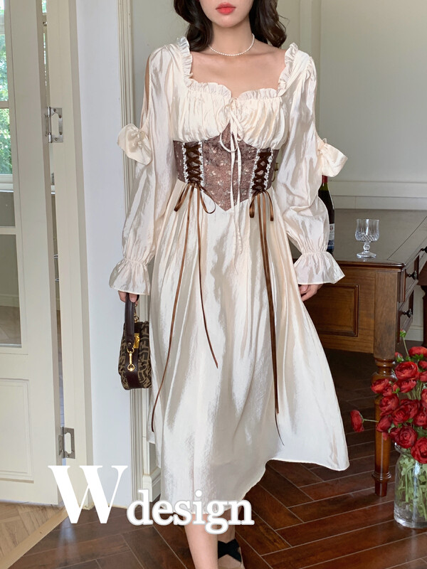 Autumn is new!【W DESIGN】French-style retro court style tie-rope waist slim dress (with waist rope) 5028# WPL
