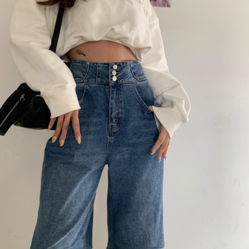 Real auction price!  Fashion Hong Kong-style chic age-reducing jeans slimming retro loose wide-leg pants women's tide