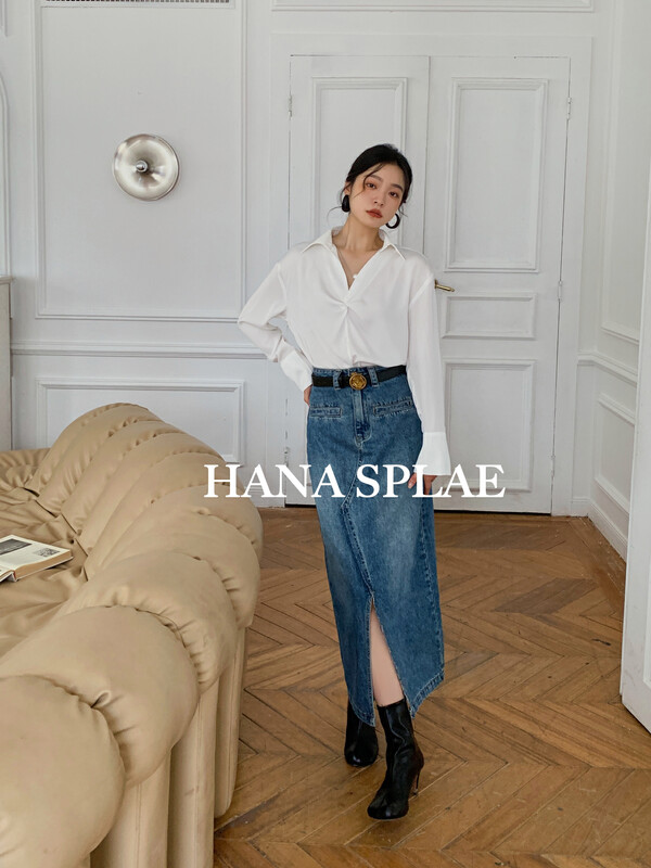 New in early autumn! [HANNA Hanna] High waist and thin slit denim skirt (with belt) H3333# JHY