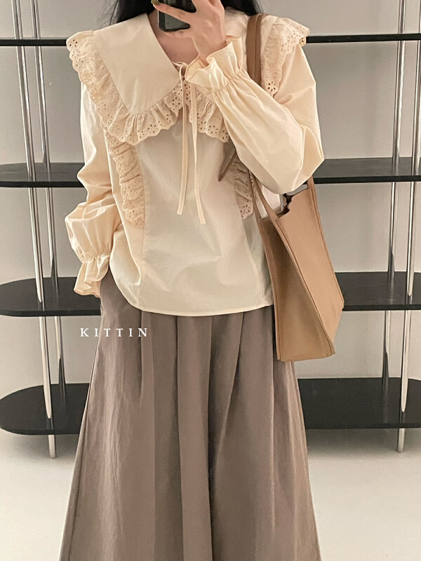 【KITTIN】Korean Lace Square Neck Cotton Shirt 8620FW