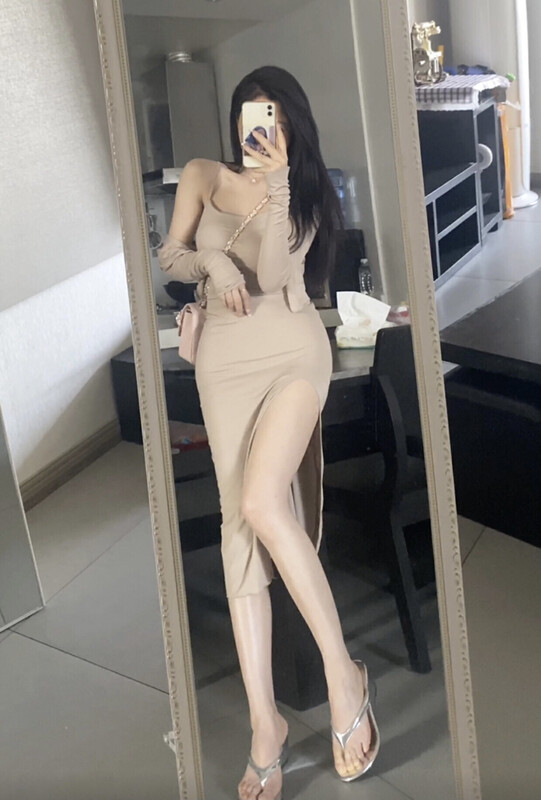 [XINYUANJIEYI Aragaki Yui] Light and familiar style high-waisted slit dress + slim long-sleeved cardigan suit 859# PCZ