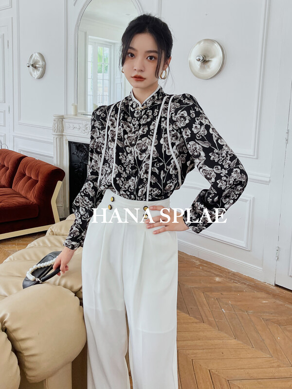 New in early autumn! [HANNA Hanna] Chinese style ink contrast color wrap collar stand-up shirt H10292# JHY