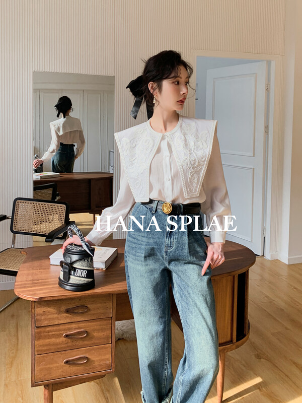 New in autumn! [HANNA Hanna] French elegant embroidered shawl shirt H10317# JHY