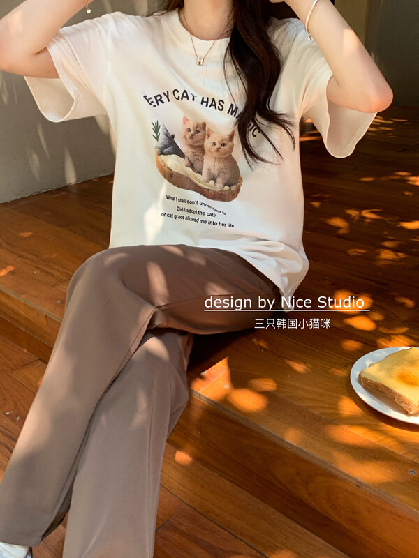 New in autumn! [NICE STUDIO] Korean cat all-match brushed short-sleeved T-shirt 1102# ZXL