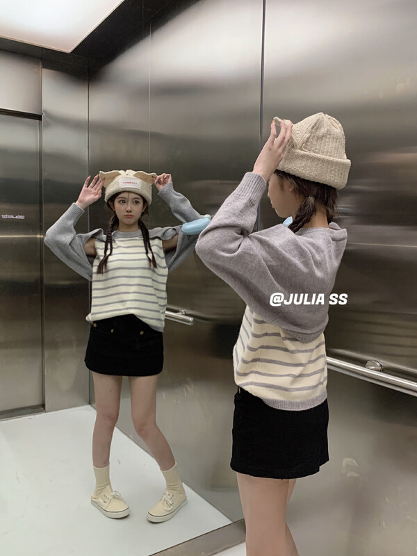 New in autumn! [JULIA] Round neck raglan sleeves striped fake two-piece knitted sweater (only sells knitted sweaters) 5013# PCZ