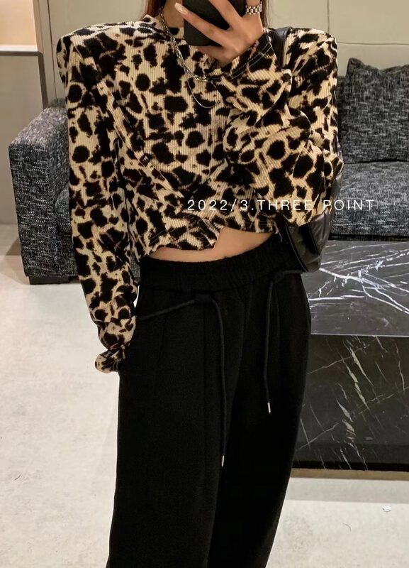 New in autumn! [3.THREE POINT] Leopard print personality fashion long-sleeved T-shirt 6106# ZXL