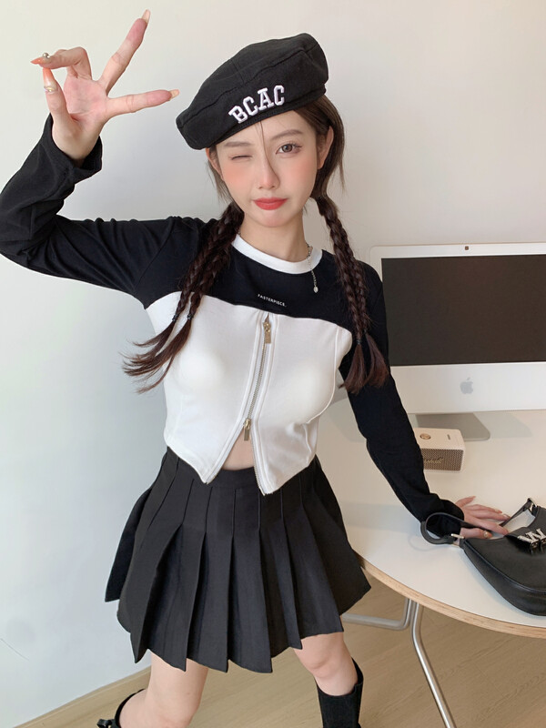 New in autumn!  【JULIA】Casual Simple Colorblock Round Neck Pullover Short Long Sleeve T-Shirt 1226# PCZ
