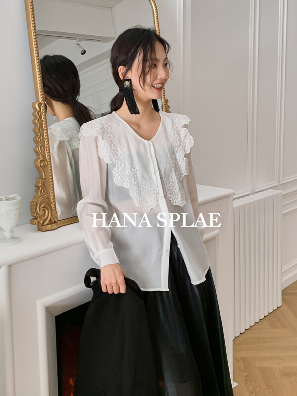 New in early autumn! [HANNA Hanna] niche heavy industry embroidered stitching collar shirt H10236# JHY