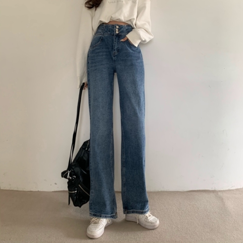Real auction price!  Fashion Hong Kong-style chic age-reducing jeans slimming retro loose wide-leg pants women's tide
