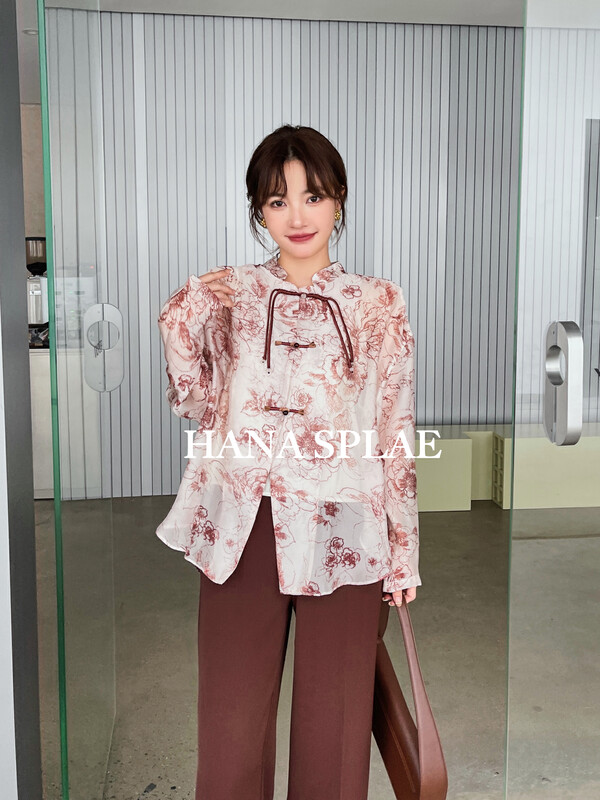 New in autumn! [HANNA Hanna] Chinese-style buckle design stand-up collar floral print shirt H10291# JHY