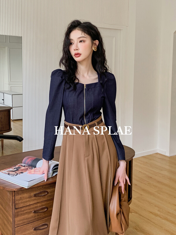 New in autumn! [HANNA Hanna] Slim fit temperament puff sleeve zipper shirt H10320# JHY