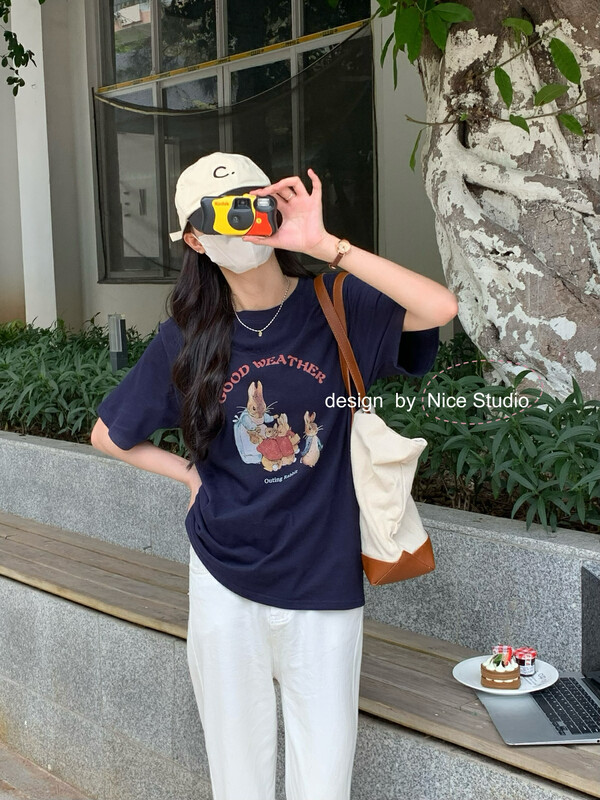 New in autumn! [NICE STUDIO] American direct-injection rabbit print brushed short-sleeved T-shirt 28803# ZXL