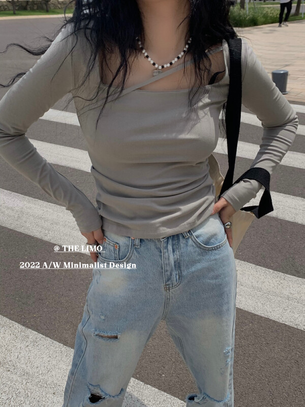 New in autumn! [THE LIMO] Square neck oblique belt comfortable long-sleeved T-shirt 6802# XYJ