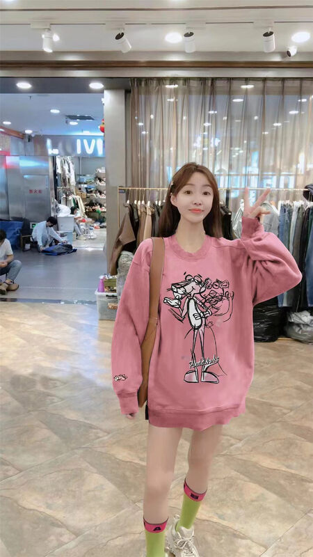 New in autumn! [Jinhan] Pink Panther Print Loose Large Sweater YS1-8288# GYJ