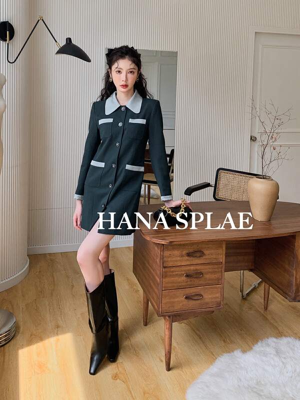 Autumn is new! [HANNA Hanna] Xiaoxiangfeng contrast color elegant long-sleeved mid-length shift dress H10322# JHY