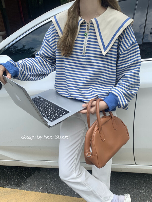 New in autumn! [NICE STUDIO] Korean version of the navy collar striped sweater 9121# ZXL