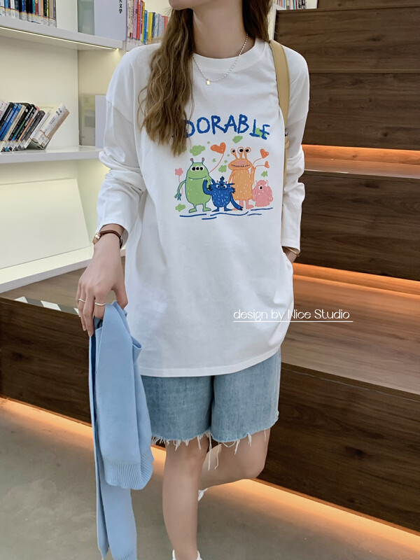 New in autumn! [NICE STUDIO] Frog all-match round neck long-sleeved T-shirt 9105# ZXL