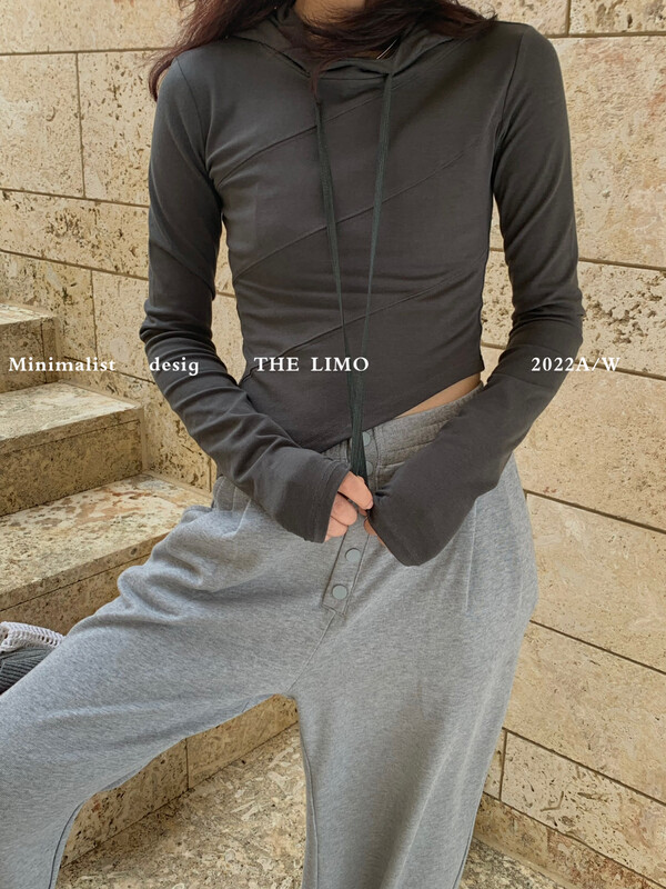 Autumn is new! [THE LIMO] oblique line with hooded hot girl long-sleeved T-shirt 6847# XYJ