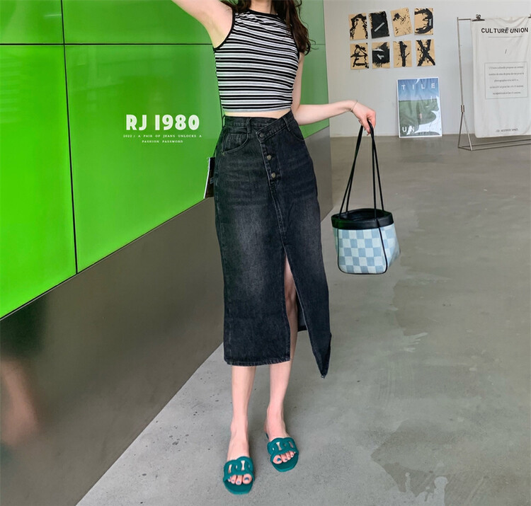 Original price 97.99! 【1980】Old denim with slit temperament all-match skirt 63026# HYY