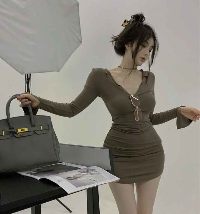 Autumn is new! [XINYUANJIEYI Aragaki Yui] Hot girl v-neck long-sleeved slim hip dress 119# PCZ