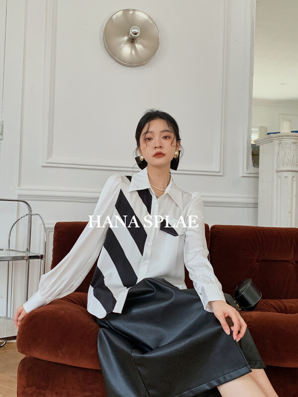 New in autumn! [HANNA Hanna] striped contrast color stitching shirt H10258# JHY