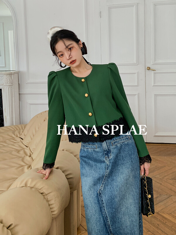 [HANNA Hanna] Xiaoxiang lace hem stitching short short jacket YS1-M10251# JHY