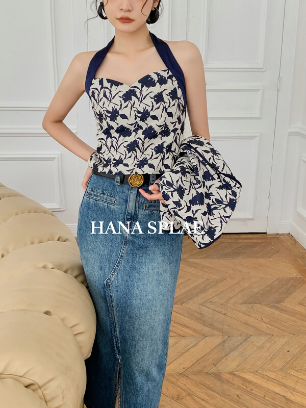 New in early autumn! [HANNA Hanna] Jacquard halterneck design vest/sling H10209# JHY