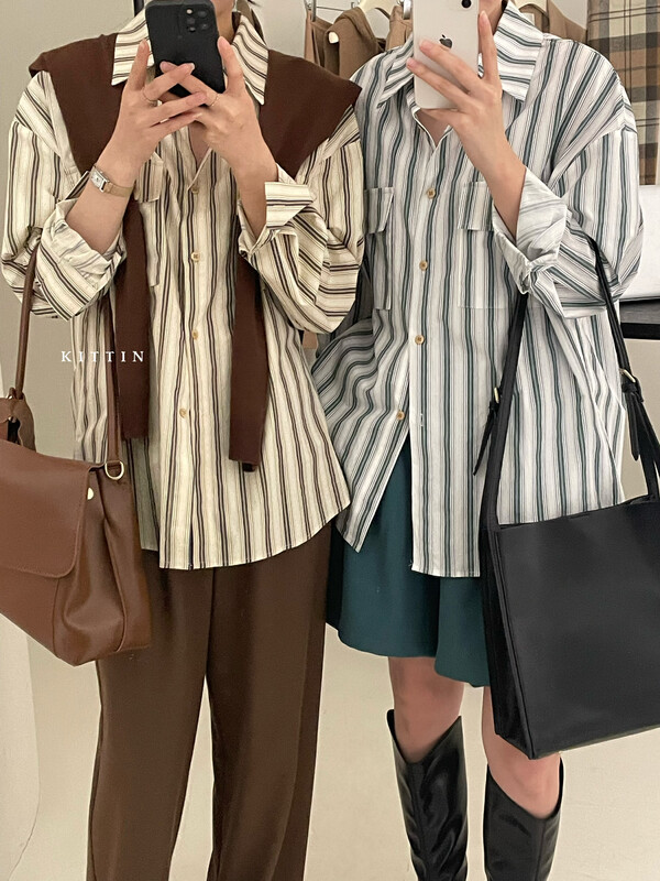 【KITTIN】Korean Striped Double Pocket Shirt 8663FW