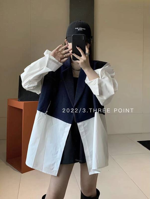 New in autumn! [3.THREE POINT] stitching stripe design short coat 6110# ZXL