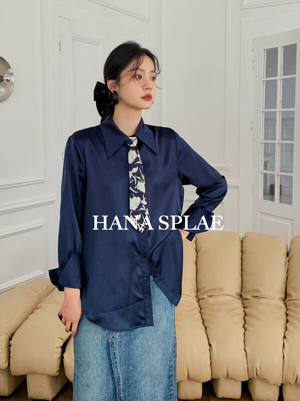 Early autumn new style! [HANNA Hanna] glossy satin solid color shirt (with tie) H10253# JHY