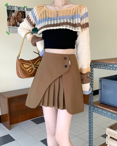 2022 autumn new design sense stitching pleated skirt women's high-waisted slim suit a-line skirt